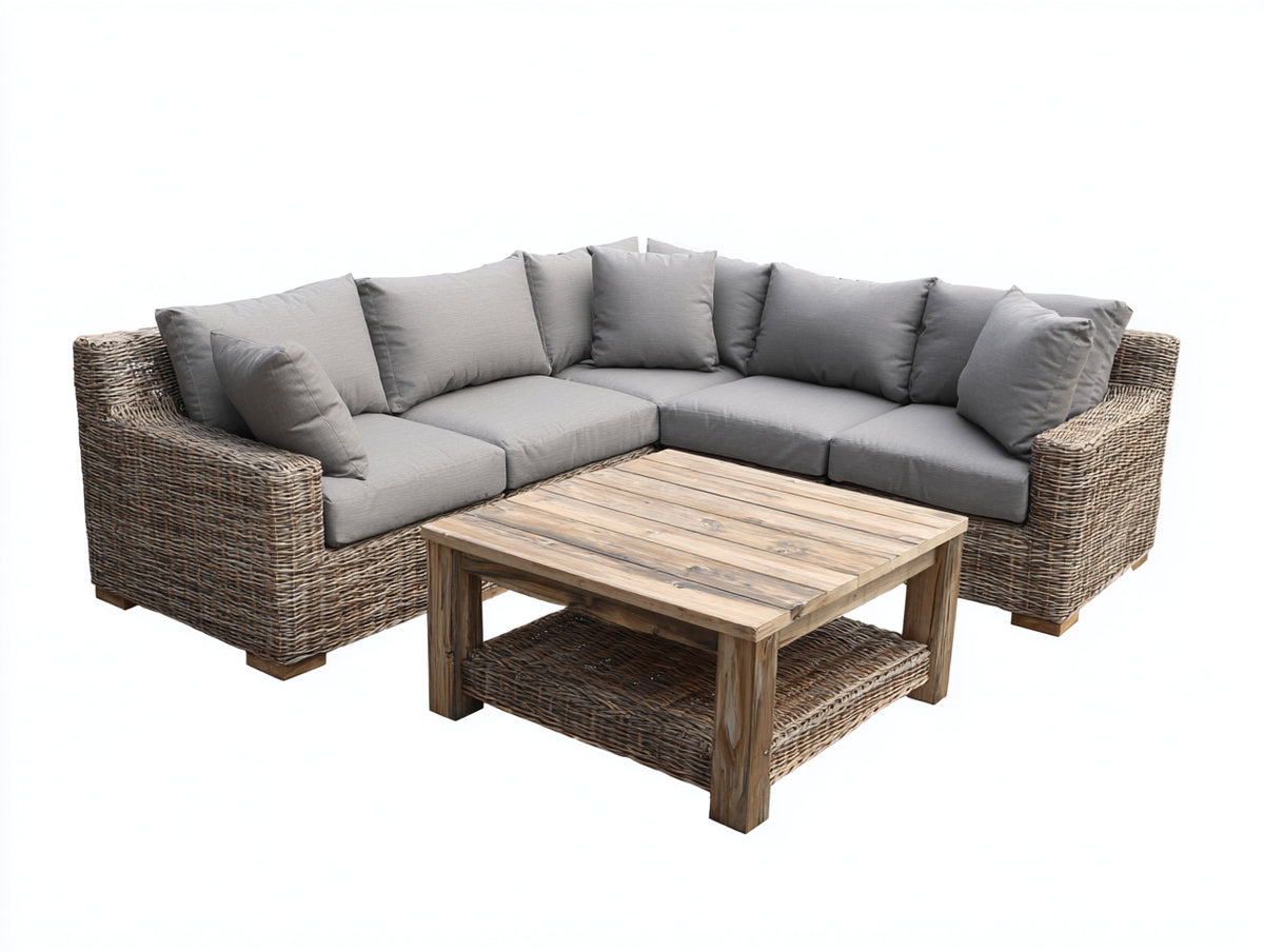 Divani da esterno - Rattan sintetico PE-Tessuto - 240x240x78 cm - Marrone naturale-Grigio chiaro - Stile rustico contemporaneo