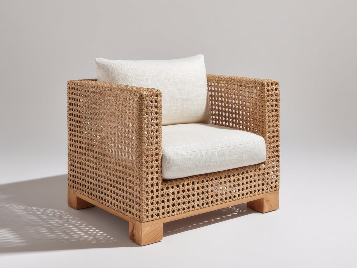 Poltrona da giardino - Rattan-Tessuto - 88x84x79 cm - Naturale chiaro-Avorio - Mediterraneo contemporaneo