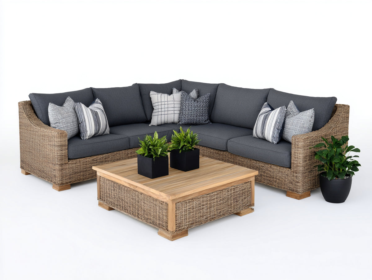 Divani da esterno - Rattan sintetico PE-Tessuto-Legno - 246x246x76 cm - Marrone naturale-Grigio antracite-Legno naturale - Design contemporaneo