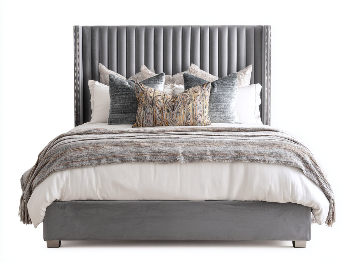 Letto matrimoniale - Velluto - 210 x 170 x 140 cm - Grigio - Stile moderno