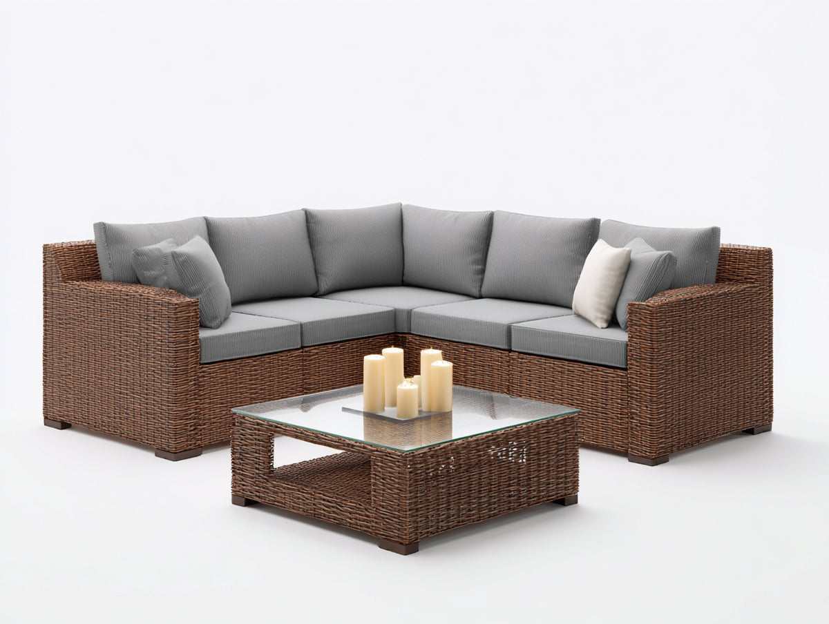 Divani da esterno - Rattan sintetico PE-Tessuto - 235x235x74 cm - Marrone-Grigio chiaro - Design moderno