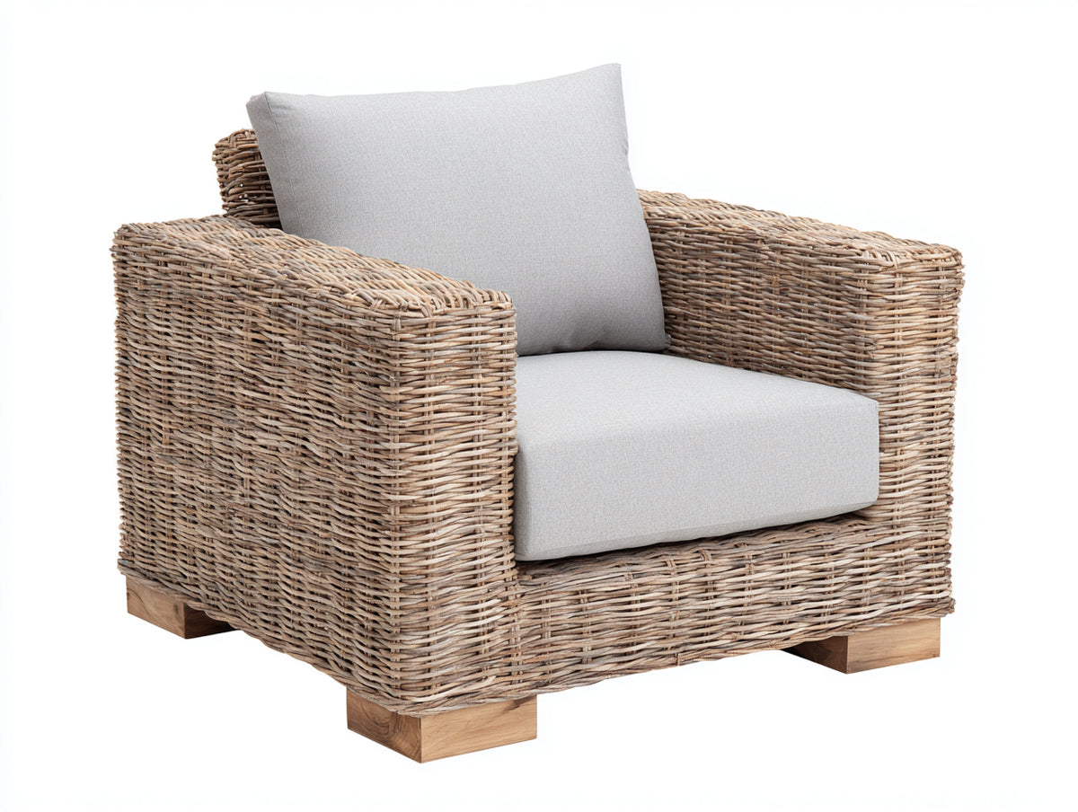 Poltrona da giardino - Rattan-Tessuto - 98x92x85 cm - Naturale sbiancato-Grigio chiaro - Costiero moderno