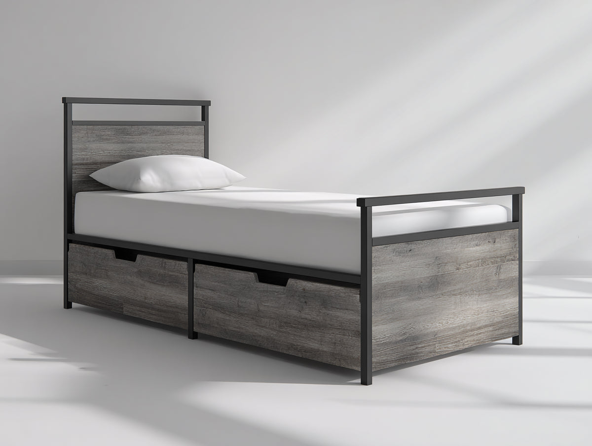 Letto singolo - Metallo-Legno - 205x96x105 cm - Grigio-Nero - Stile industriale