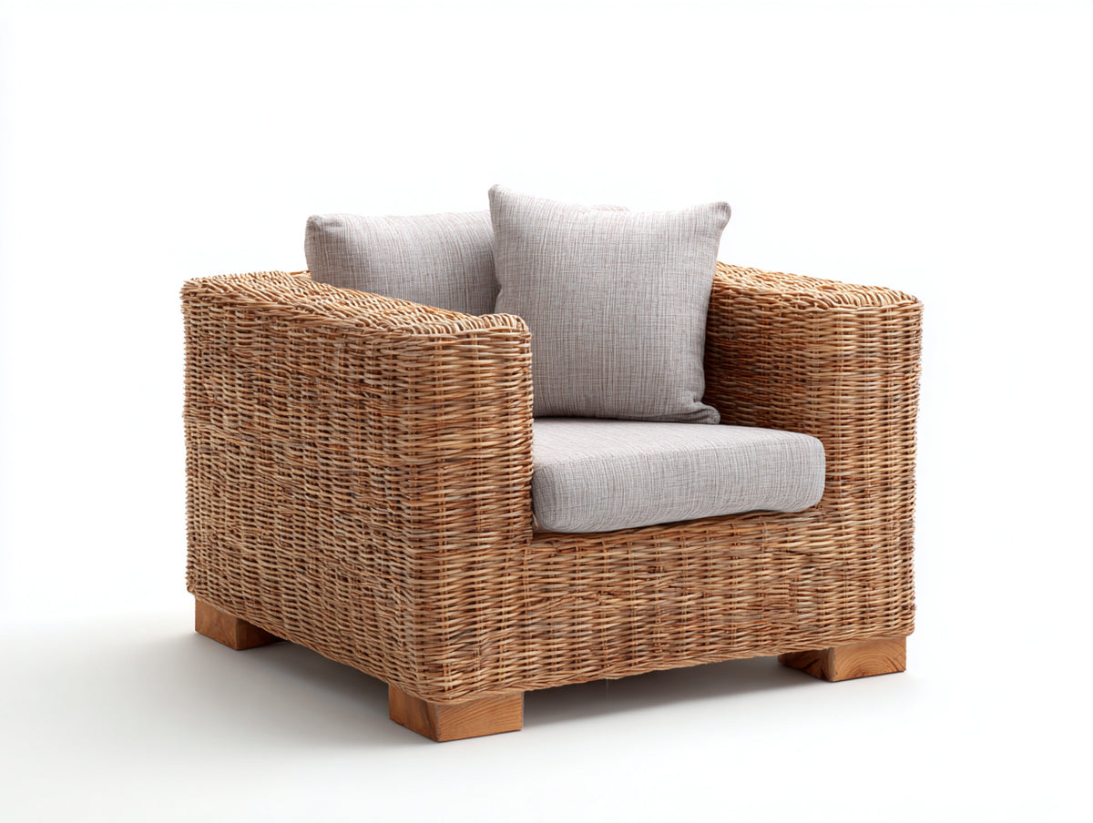 Poltrona da giardino - Rattan-Tessuto - 98x92x85 cm - Naturale dorato-Grigio beige - Costiero moderno