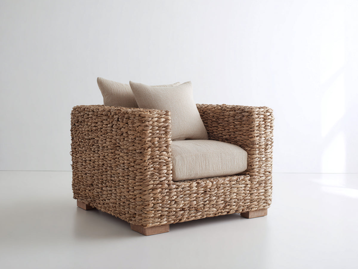 Poltrona da giardino - Fibra naturale intrecciata-Tessuto - 96x90x82 cm - Naturale-Crema - Naturale moderno
