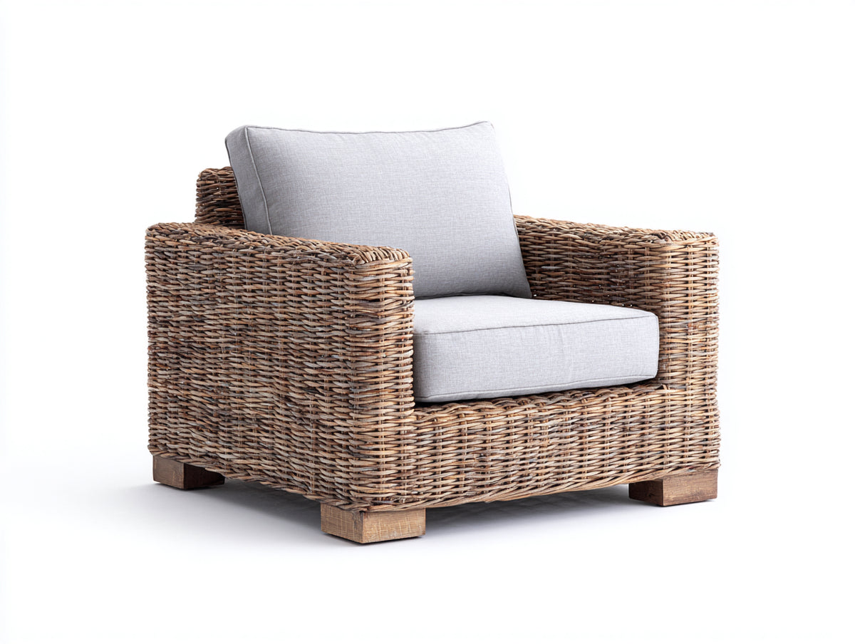 Poltrona da giardino - Rattan-Tessuto - 95x90x83 cm - Marrone naturale-Grigio chiaro - Rustico contemporaneo