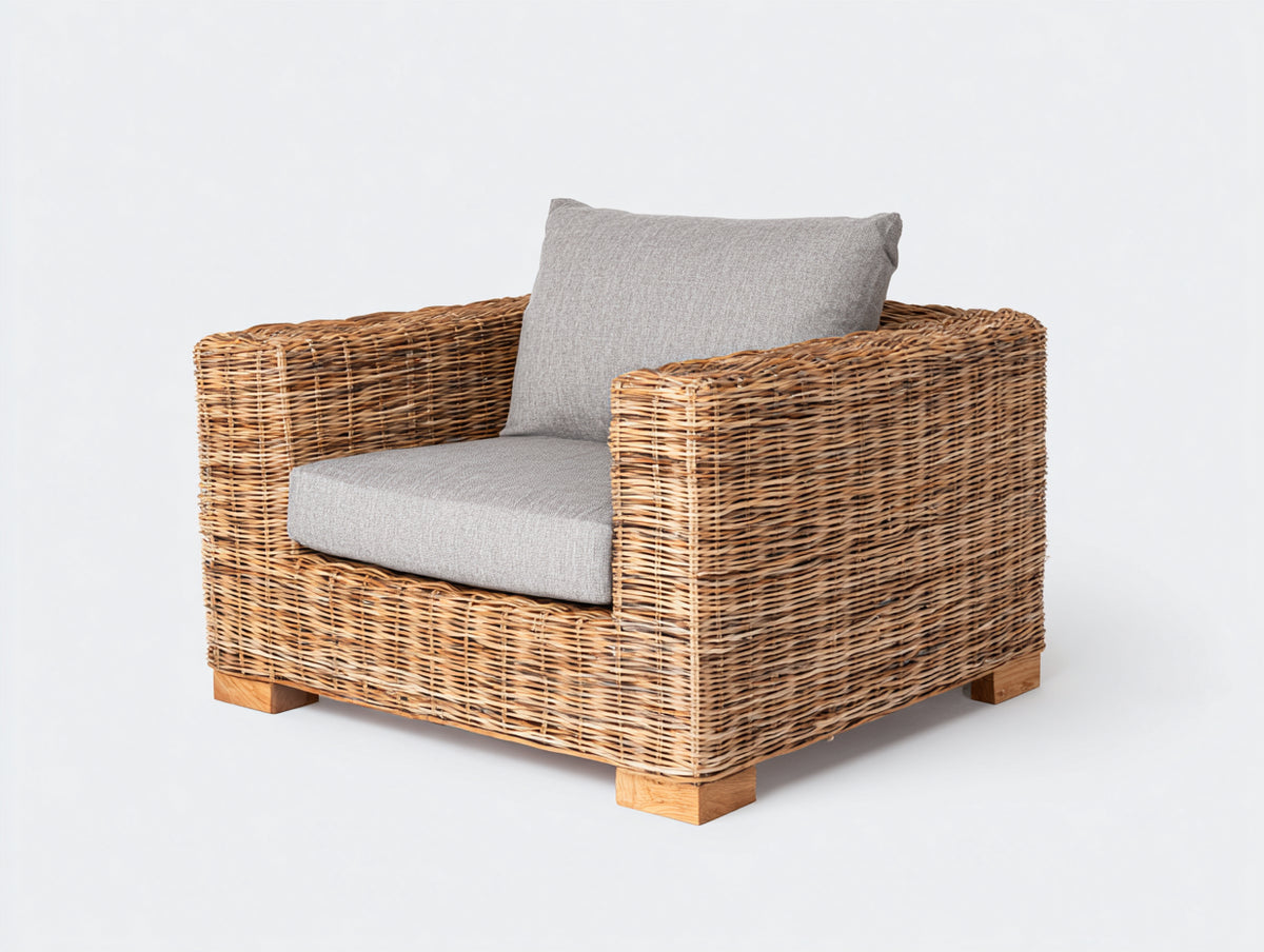 Poltrona da giardino - Rattan-Tessuto - 96x90x82 cm - Naturale ambrato-Grigio chiaro - Rustico contemporaneo